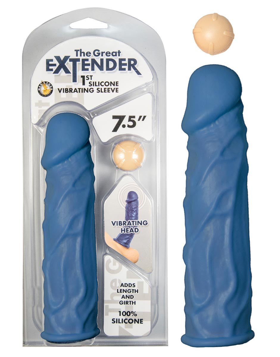 The Great Extender 1st  Silicone Vibrating Sleeve 7.5in-Blue